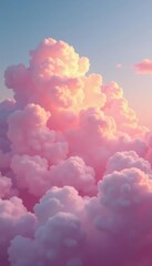 Fototapeta premium Fluffy clouds float amidst soft pink sky with golden hues, landscape, morning