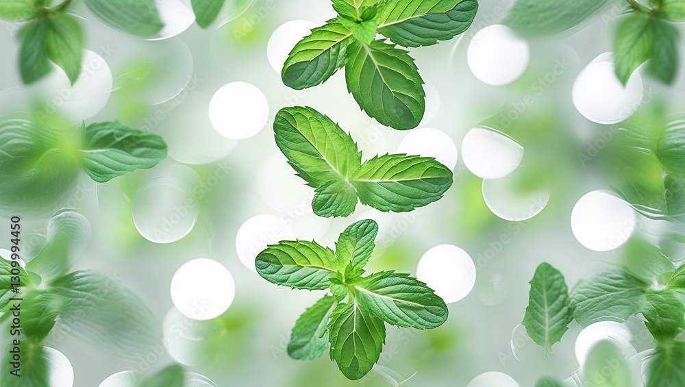 Poster fresh mint leaves floating against a soft bokeh background in a bright and serene setting