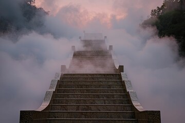 An elegant staircase ascending into a cloud symbolizes a journey towards achievement and the efforts required to fulfill aspirations.