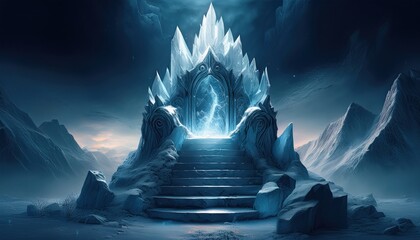 A stunning ice palace glimmers in the moonlight, surrounded by towering frozen mountains.