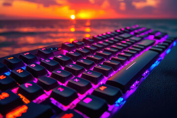 Obraz premium Vibrant RGB backlit keyboard on beach at sunset, a stunning tech and nature scene.