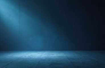 Abstract grunge background with blank dark wall and concrete floor illuminated by blue light. Rough textured surface with fog, smoke for studio, stage, scene design. Interior mockup with empty space.