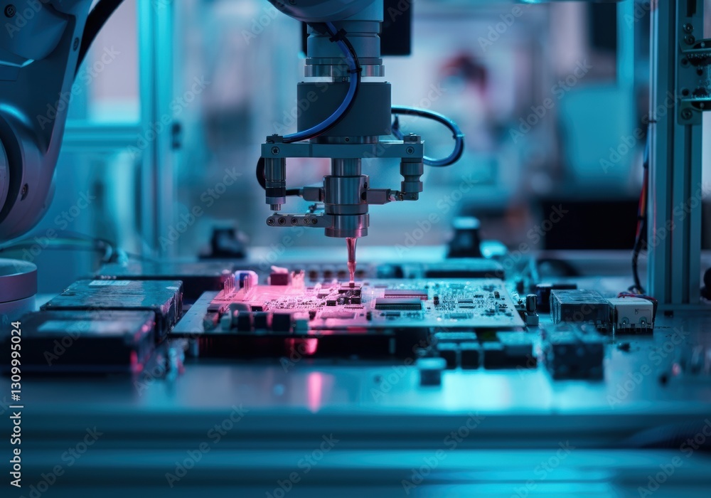 Poster robotic arm assembling electronic components on a circuit board