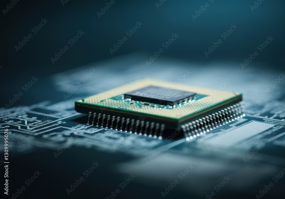 Aufkleber close-up of a computer chip on a circuit board, symbolizing technology and innovation