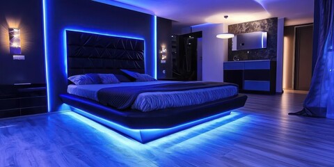 Modern bedroom featuring illuminated bed and soft ambient blue lighting