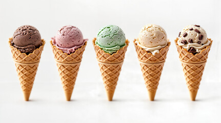 Five ice cream cones with different flavors feature chocolate, strawberry, mint, vanilla, and cookie dough. The cones are neatly arranged on a light surface, showcasing vibrant colors.