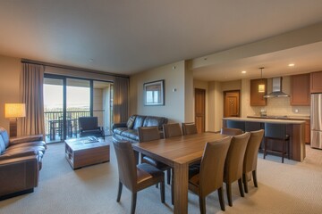Modern, spacious condo living room with a balcony, dining area, and kitchen.