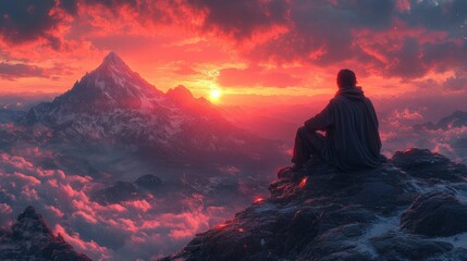 Obraz premium Solitary figure mountaintop sunset breathtaking view