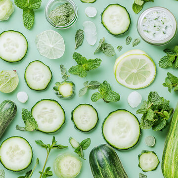 Refreshing and healthy cocumber slices with fresh green mint leaves summer concept background perfect for drinks and spa treatment 