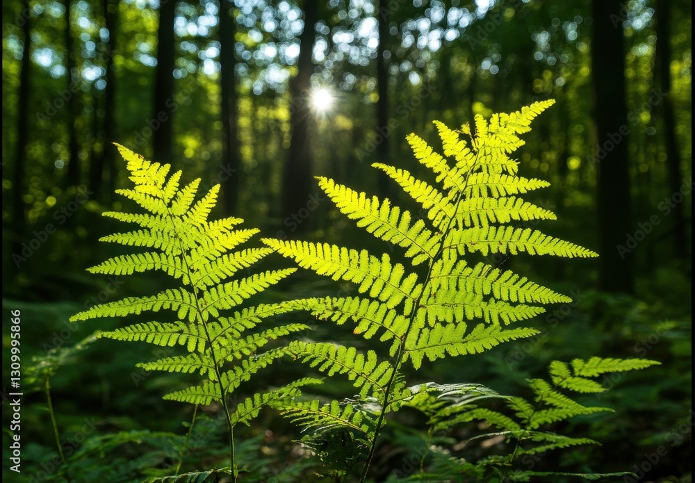 Poster Lush Green Ferns Illuminated by Sunlight in a Tranquil Forest Setting with Soft Background of Trees and Nature's Serenity