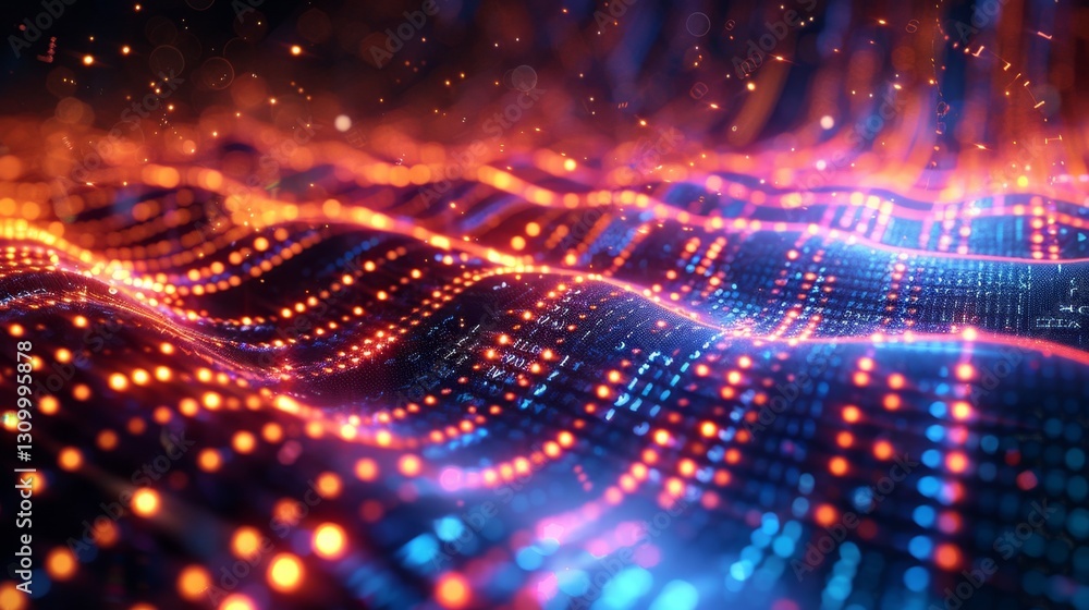 Poster colorful abstract digital waves representing data flow and technology in a futuristic setting