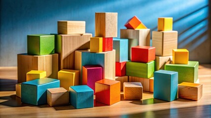 Obraz premium A Colorful Arrangement of Wooden Blocks in a Playful Tower, Illuminated by Warm Sunlight Casting Shadows on the Wooden Surface