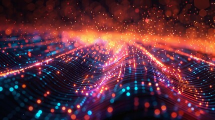 Fototapeta premium Colorful abstract waves exhibiting light patterns in a digital space at night