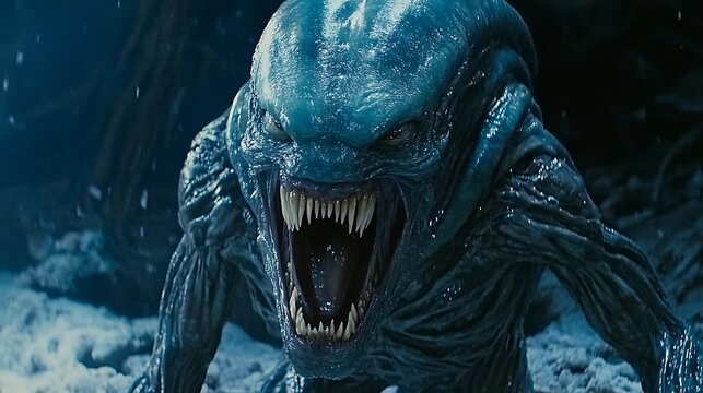 Angry alien creature roaring in snowy environment