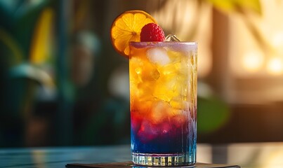 A vibrant layered cocktail with fruit garnishes on a bar with bright backdrop