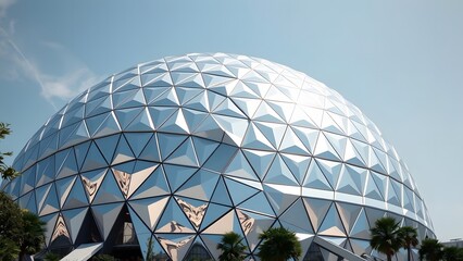 Futuristic geodesic dome with a reflective glass exterior, showcasing modern architecture and innovative design against a clear blue sky, surrounded by palm trees.   