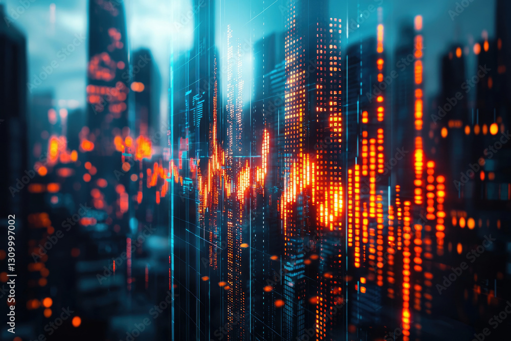 Poster Abstract cityscape with dynamic data streams visualizing technological advancements and urban development.