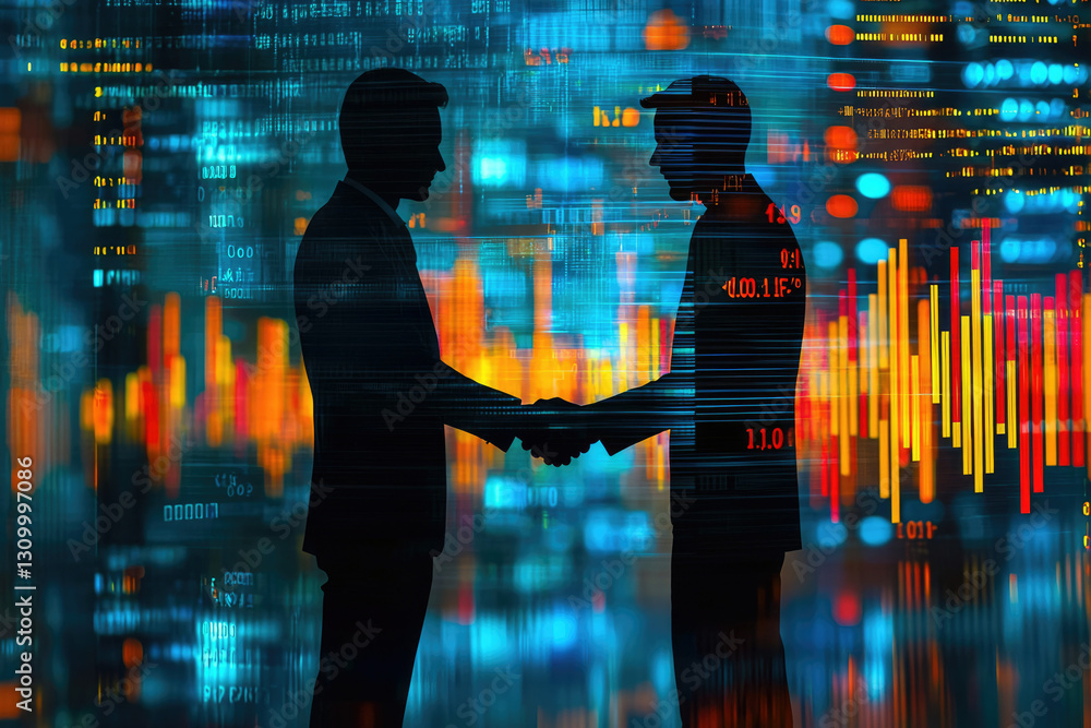 Poster two businessmen shaking hands against a backdrop of dynamic financial data, symbolizing a successful