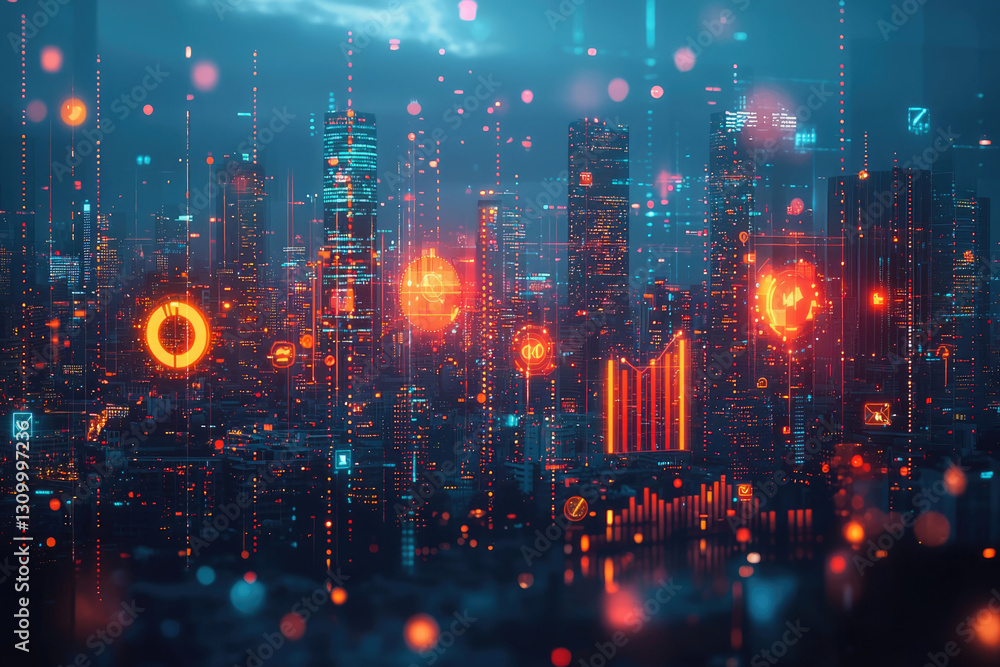Poster a futuristic cityscape at night, overlaid with digital data visualizations, showcasing technological