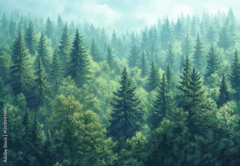 Poster lush green forest landscape with dense pine trees and soft mist creating a serene and tranquil atmos