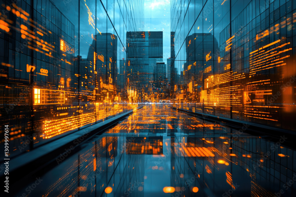 Poster a futuristic cityscape reflected in a glass building, showcasing digital data streams illuminating t