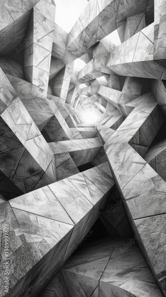 Poster intricate geometric structure with spiraling patterns illuminated by soft light