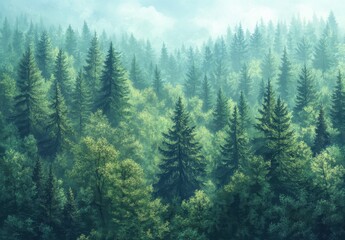 Fototapeta premium Lush Green Forest Landscape with Dense Pine Trees and Soft Mist Creating a Serene and Tranquil Atmosphere in Nature's Beauty