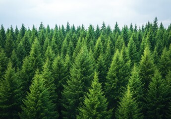 Fototapeta premium Lush Green Forest Landscape with Dense Pine Trees Under Cloudy Sky Perfect for Nature, Environment, and Outdoor Themes