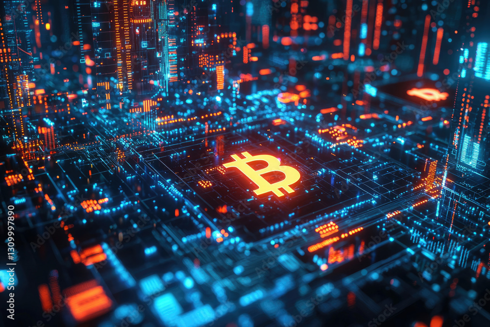 Poster bitcoin cryptocurrency symbol glowing on a futuristic circuit board, representing digital currency a