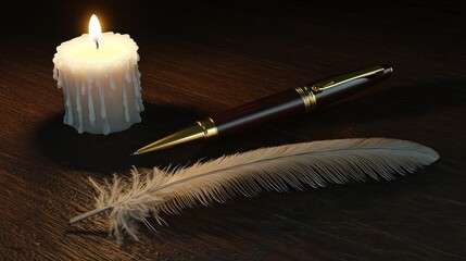 Candle, pen, feather on dark wood table;  writing, study