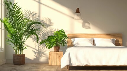 Sunny bedroom with wooden bed, plants, and large window.