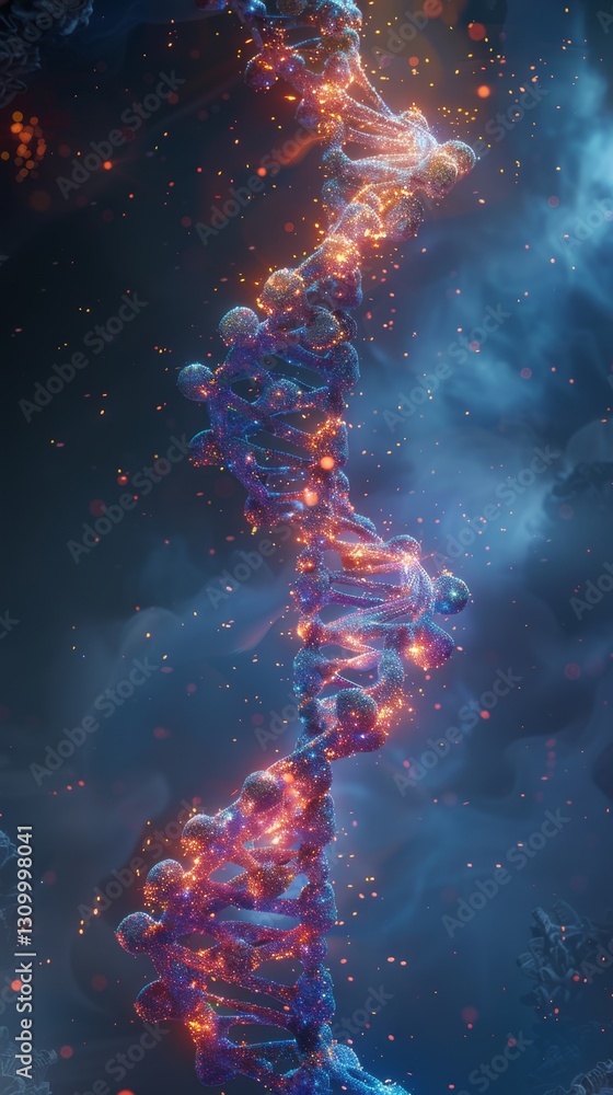 Poster dynamic representation of dna structure illuminated with vibrant colors in a futuristic style during