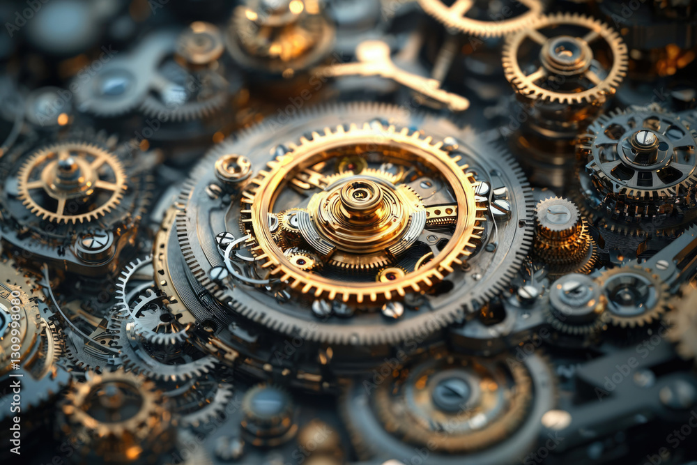 Poster intricate clockwork mechanism with gold and silver gears, showcasing complex engineering.