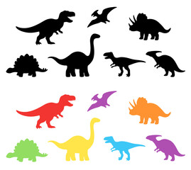 Simple Dinosaur Silhouette Clipart for Kids, set on a Transparent Background with Rainbow Colors