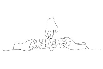 Continuous One line drawing of hands connecting jigsaw puzzle pieces, symbolizing teamwork, collaboration, and problem-solving. Minimalist vector for business and partnership concepts, Editable stroke