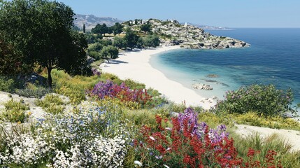 Mediterranean beach vista, flowers, hillside, town