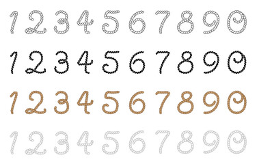 Woven Rope Numbers Clipart Set - Outline, Silhouette & Color - Brown and White Set on a Transparent Background 
