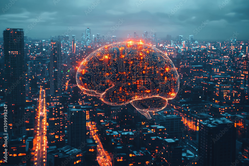 Poster a futuristic city skyline with a glowing digital brain representing ai and technological advancement