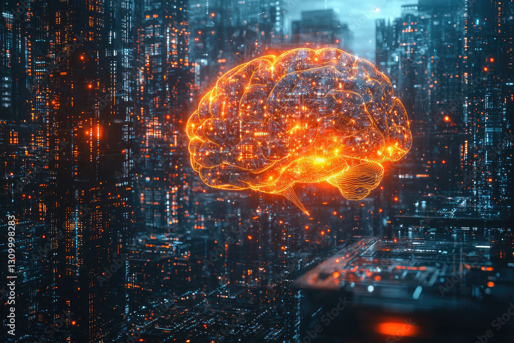 Poster a glowing digital brain hovers over a futuristic cityscape, representing artificial intelligence and