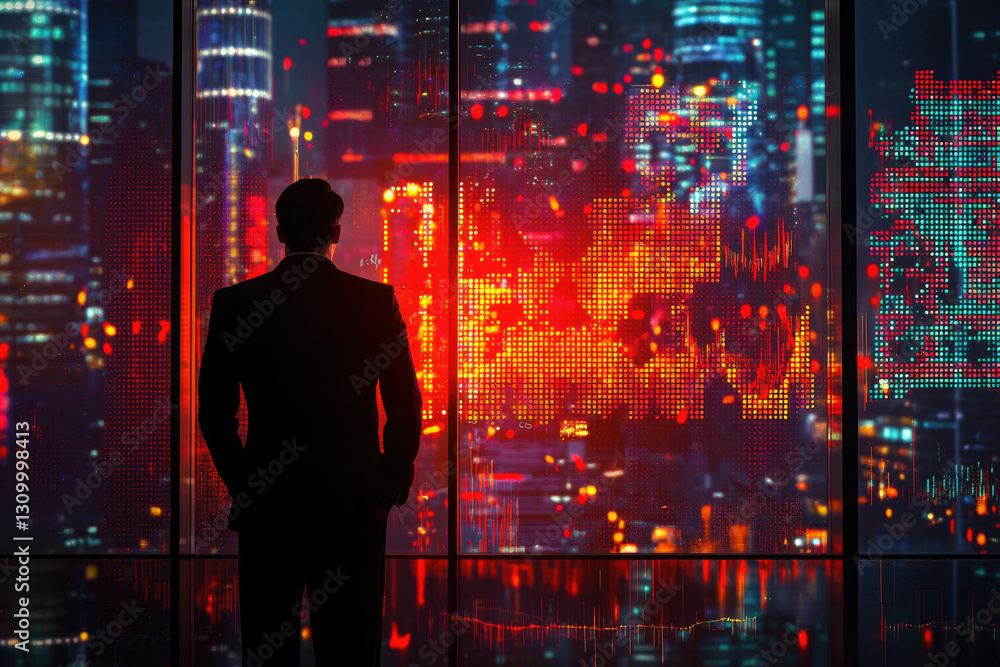 Poster a businessman contemplates a futuristic cityscape projected with dynamic data visualizations, reflec