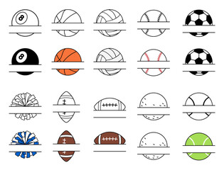 Sports Balls Horizontal Split Label Template Clipart - with Baseball, 8 Ball Billiards, Basketball, Soccer, Football, Cheerleader Pom Poms, Volleyball, Golf and Tennis
