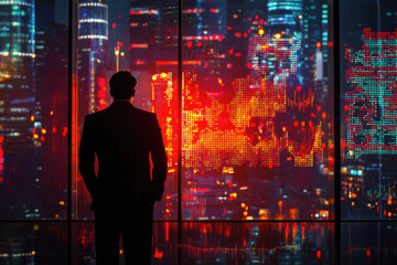 A businessman contemplates a futuristic cityscape projected with dynamic data visualizations, reflecting ambition and technological advancement.