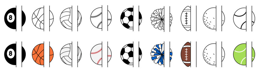 Sports Balls Vertical Split Label Template Clipart - with Baseball, 8 Ball Billiards, Basketball, Soccer, Football, Cheerleader Pom Poms, Volleyball, Golf and Tennis