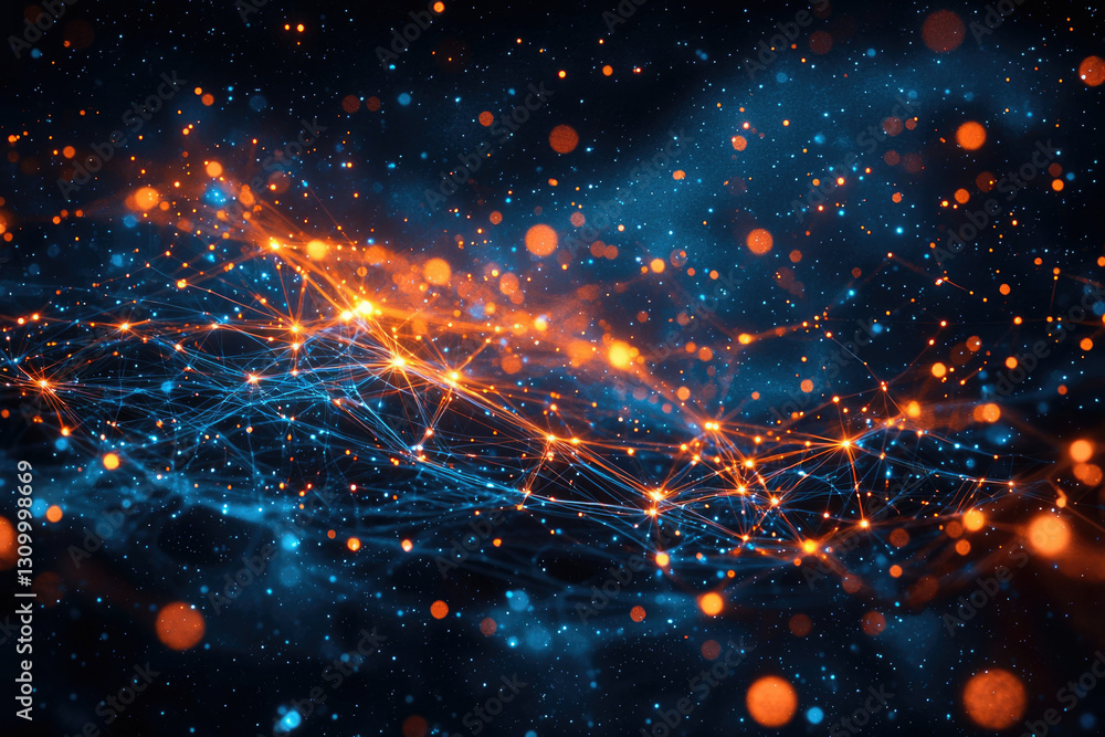 Aufkleber Abstract representation of interconnected nodes and data streams, glowing with orange and blue light in a dark space.