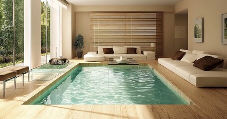 Modern, spacious indoor swimming pool integrated into a bright living room, featuring large windows, light-toned furniture, and minimalist design elements.