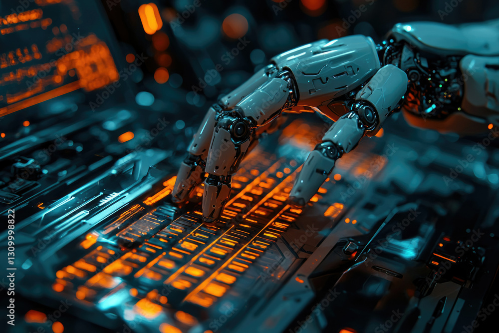 Poster A robotic hand interacts with a futuristic glowing keyboard, symbolizing artificial intelligence and technological advancement.