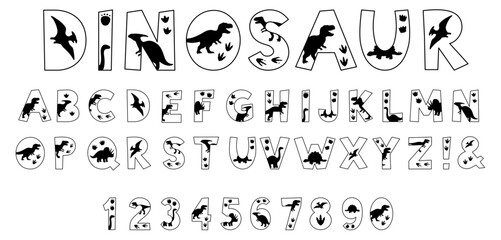 Decorative Dinosaur Outline & Silhouette Alphabet Letter and Number Clipart Set on a Transparent Background
