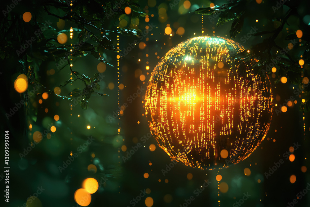 Aufkleber Glowing sphere of light and data hangs in a mystical forest, surrounded by sparkling particles.