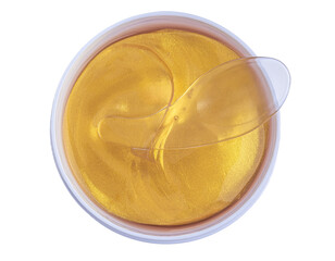Jar with gold eye patches isolated on white background, top view. Cosmetic product