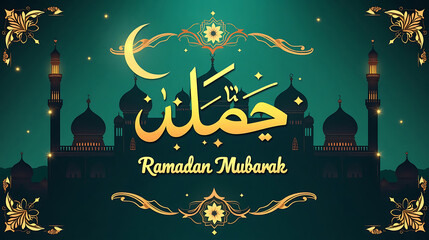 Elegant Islamic Greeting Card Background with Mosque and Ramadan Kareem Calligraphy